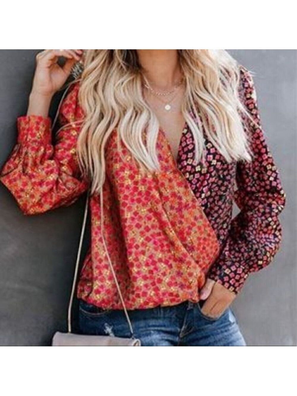 Floral Red Multicolored Boho Twisted Wrap Blouse Shirt Size Small